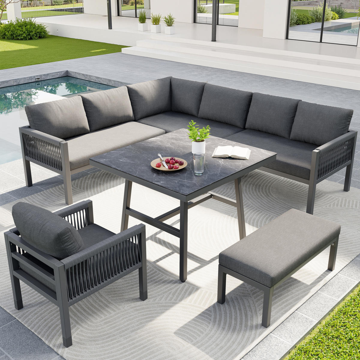 GARTENLOUNGE 118/61/80 cm grau aus Eisen mit Marmorglastisch und waschbaren Polstern - Grau, Metall - OKWISH