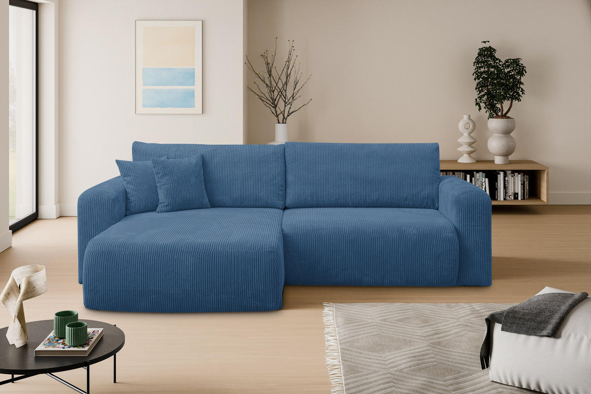 ECKSOFA Roma, Eckcouch in L-Form mit Schlaffunktion und Bettkasten, Farbe: Blau, Cordstoff, Ottomane Universal - Blau, Textil (244/142cm) - VENASI MÖBEL