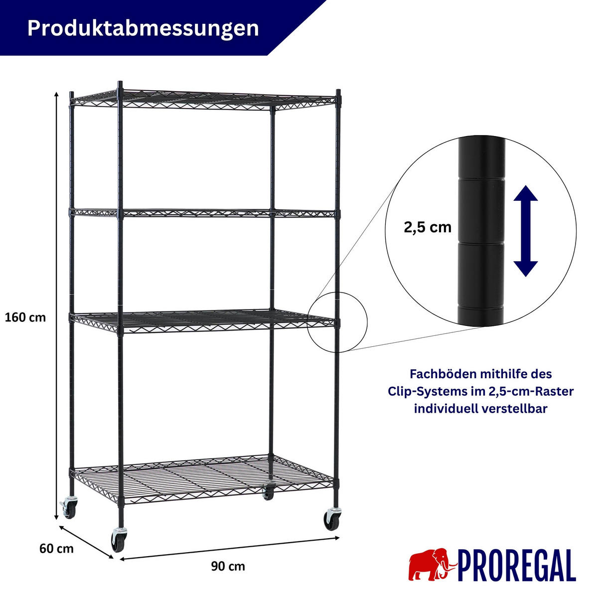GITTERREGAL HADES mit Rollen & 4 Gitterböden Metall 160x90x60cm Schwarz - Schwarz, Metall (90/160/60cm) - PROREGAL