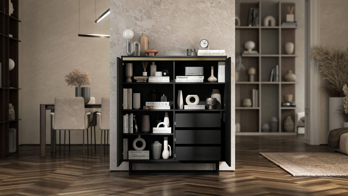 KOMMODE Selene 2D Schwarz Matt 111 cm - Schwarz, Holzwerkstoff/Metall (111/125/35cm) - Meble Lindner