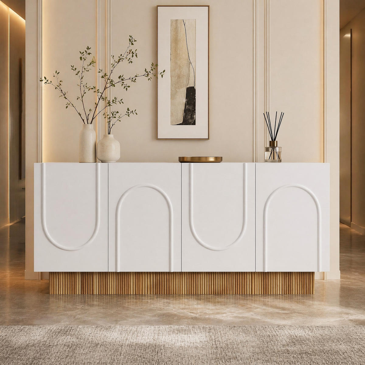 KUCHYŇSKÁ SKŘÍŇ bílá, 4 dvířka, velký úložný prostor, design ve tvaru U, do obýváku a jídelny, 160×38×75 cm - bílá/přírodní, kov/kompozitní dřevo (160/38/75cm) - STILVORA