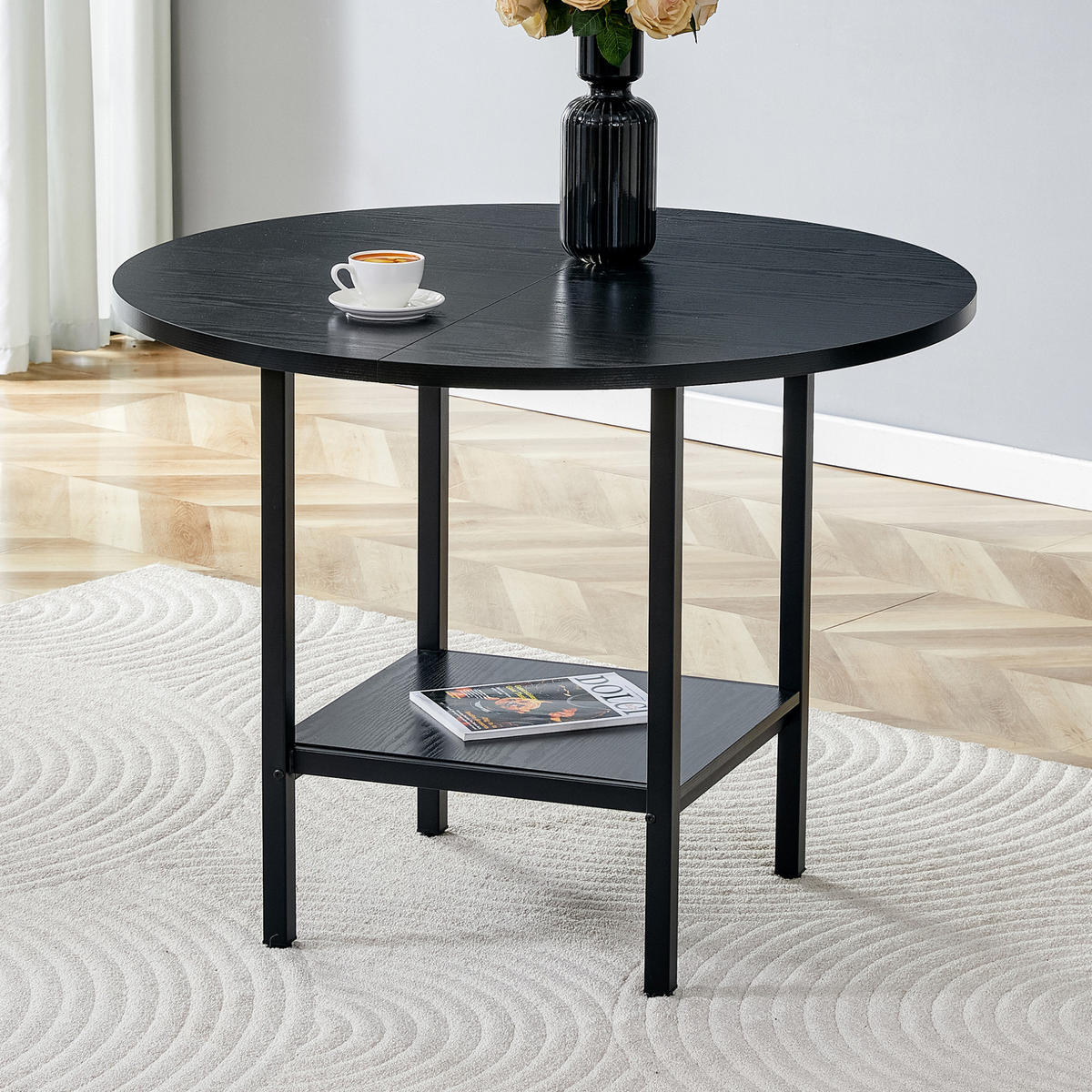 ESSTISCH 100/100/77 cm Schwarz aus MDF und Metall mit Stauraumregal - Schwarz, Holzwerkstoff (100/100/77cm) - OKMYHOME
