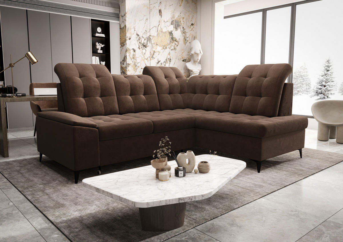 ECKSOFA KONGO RBN16, Eckcouch in L-Form mit Schlaffunktion, Farbe: Dunkelbraun, Velourstoff, Ottomane Rechts - Dunkelbraun, Textil (268/210cm) - O-Sofa