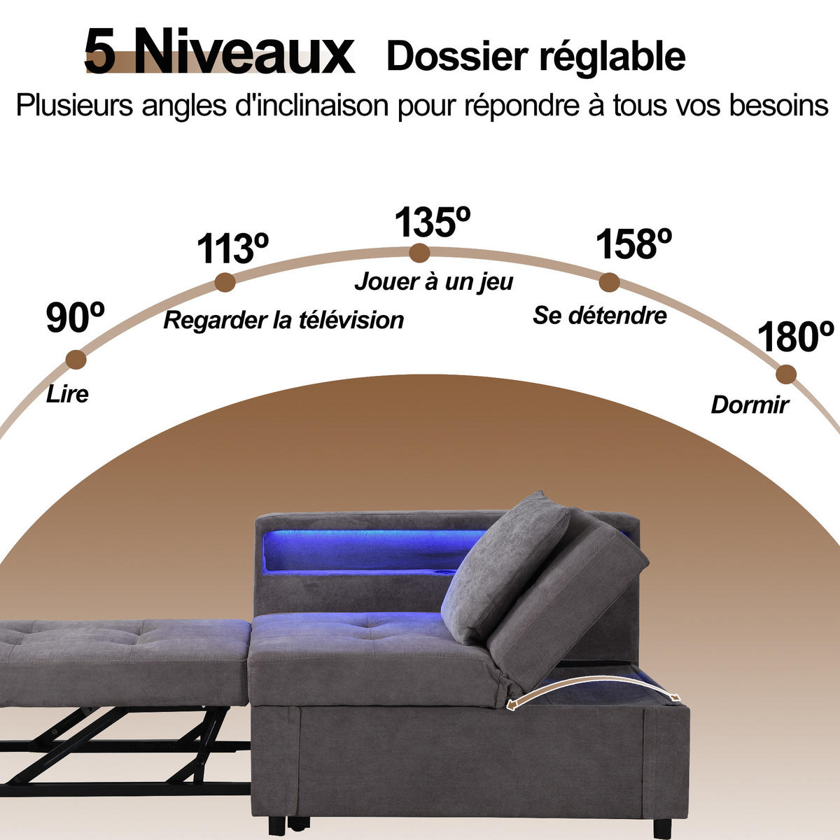 SCHLAFSOFA 3in1 LED USB Leinen - Dunkelgrau, Textil (177/65/68cm)