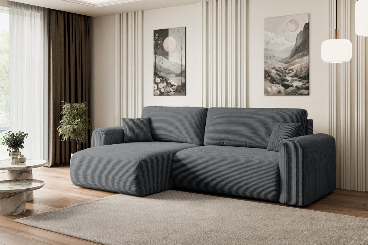 ECKSOFA mit Schlaffunktion und Bettkasten ORRO-L - 272x145x83 cm Dunkelgrau Cord - Dunkelgrau/Schwarz, Holzwerkstoff/Kunststoff (272/145cm) - ALTDECOR