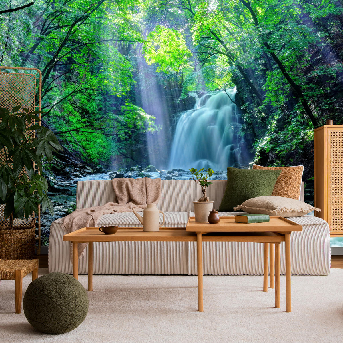 FOTOTAPETE für Schlafzimmer Wasserfall Wald Felsen Bäume Pflanzen 500x350 - Türkis/Blau, Papier (500/350cm) - Muralo