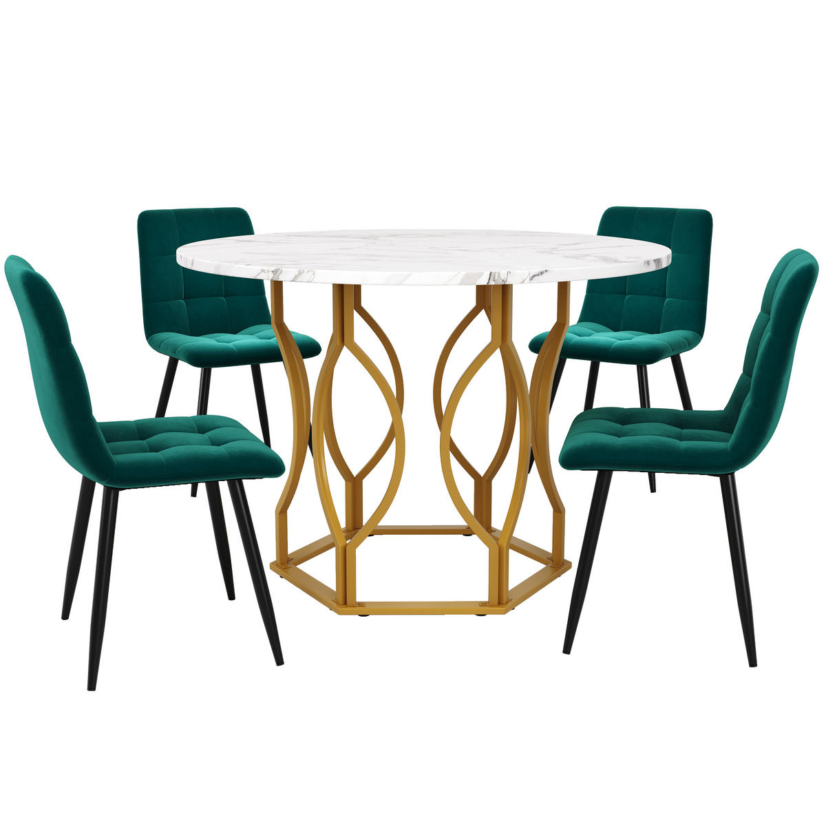 ESSTISCHSET 5-Teilig Rund 100 Cm, Weiße MDF, 4 Dunkelgrüne Samtstühle, Gold - Multicolor, Holzwerkstoff (76/24/100cm) - FLIEKS