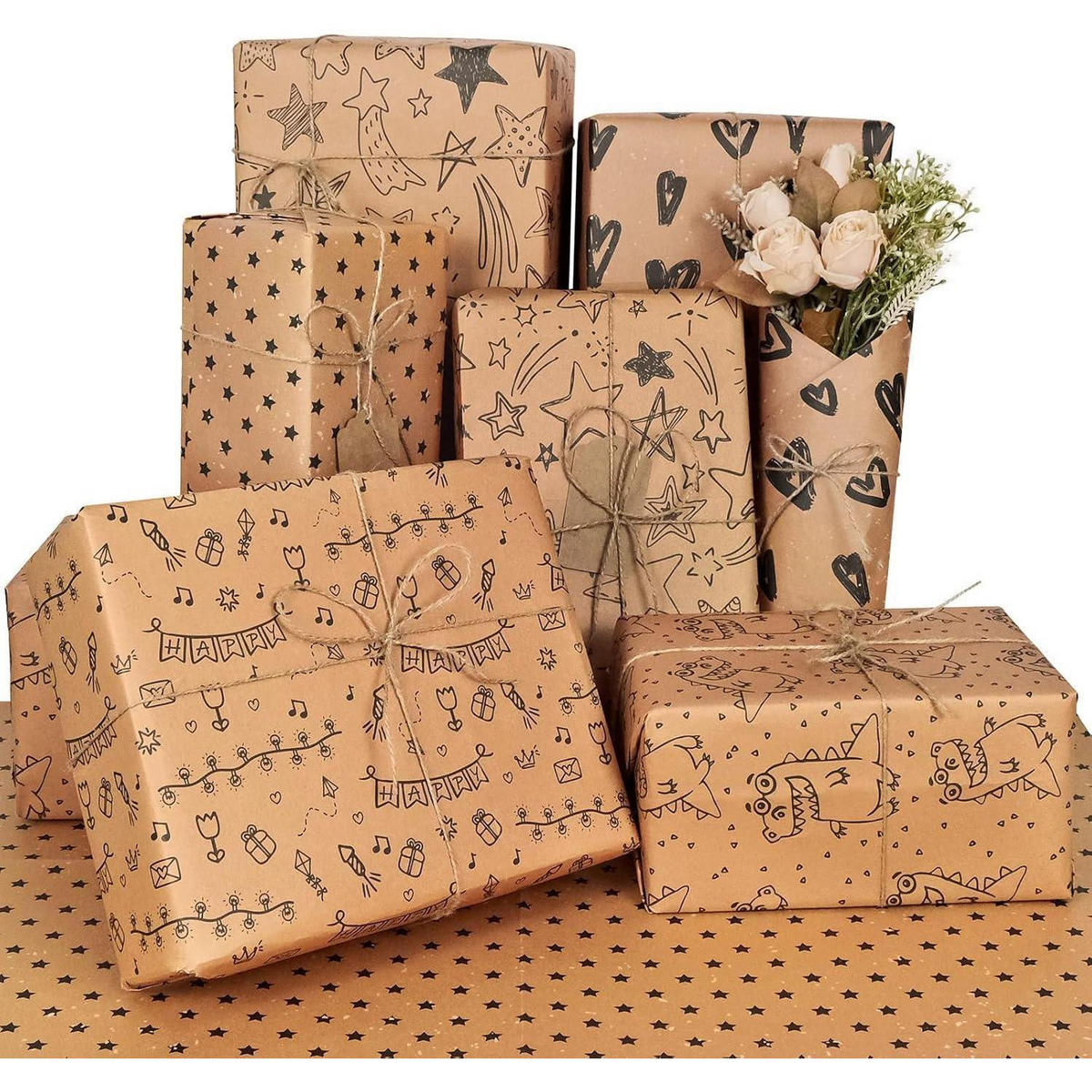 GESCHENKPAPIER Set 5-teilig Kraftpapier mit Schnur und Anhängern - Multicolor, Papier (15/0.6/19cm)