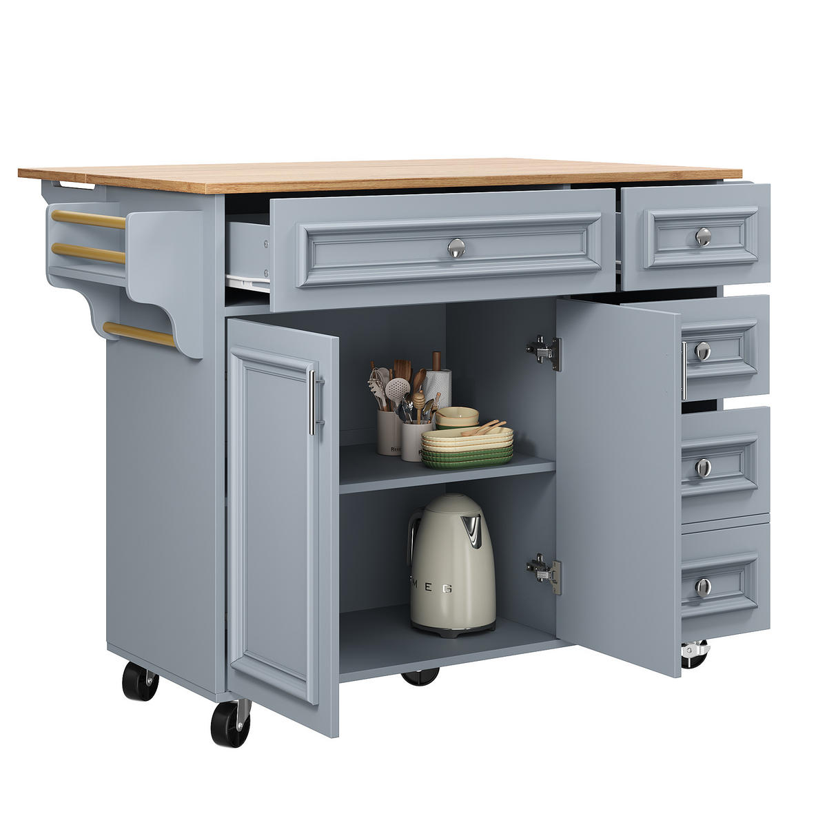 KÜCHENWAGEN 110x75x92cm Blau mit verstellbaren Fächern & Schubladen - Blau, Holzwerkstoff (110/92/75cm) - Modfu