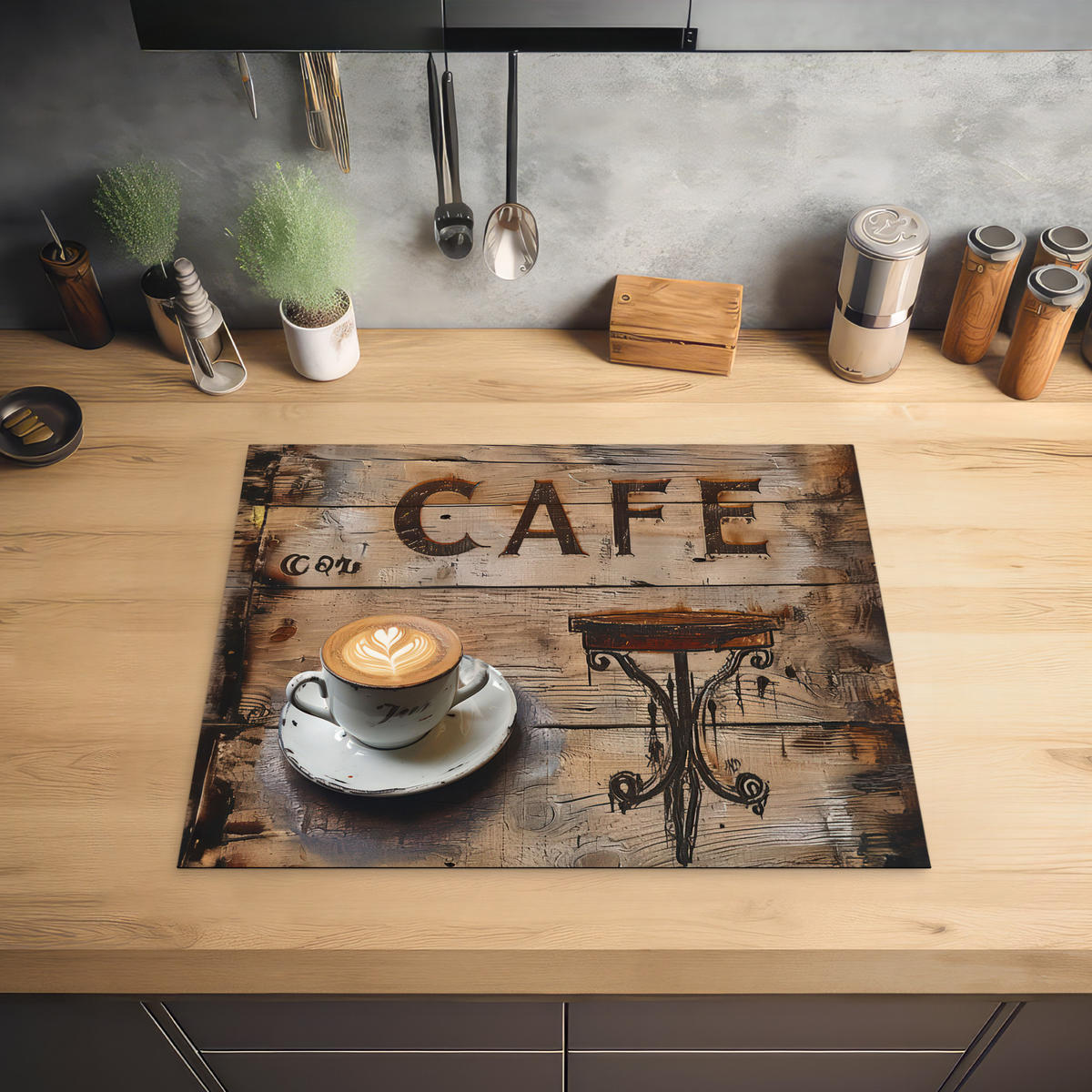HERDABDECKPLATTE Cafe - Holz - Kaffee - Regale 65x52 cm - Schwarz, Kunststoff (65/0.2/52cm) - MuchoWow