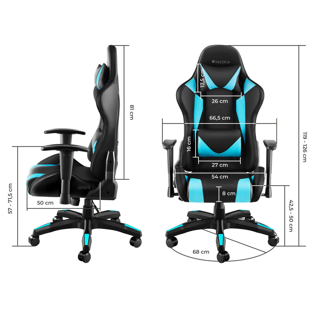 GAMINGSTUHL Tartaros, dicke Polsterung, Belastbarkeit 120 kg, schwarz/azur - Schwarz/Hellblau, Textil (66.5/126/69cm) - tectake