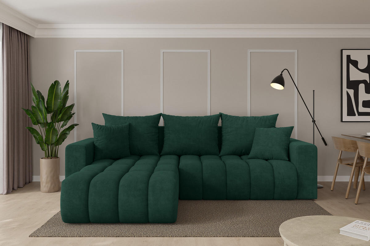 ROHOVÁ SEDAČKA s funkcí spaní, otoman vlevo MILA-L-v1 277x195x86 zelená velur - černá/zelená barva, kompozitní dřevo/textil (277/194cm) - ALTDECOR