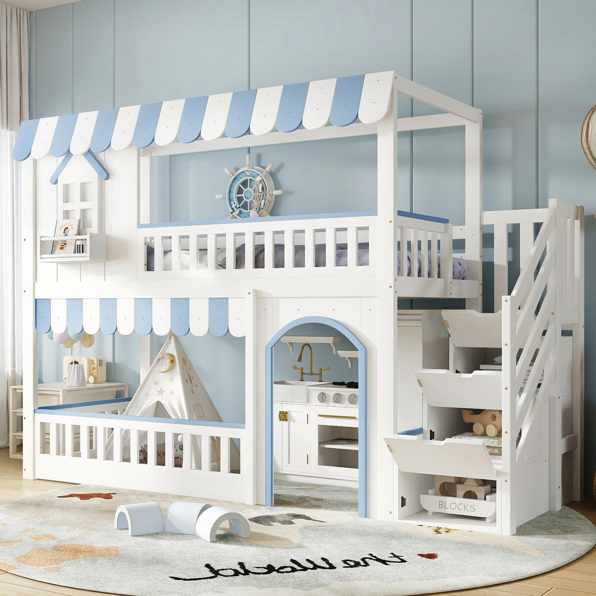 HOCHBETT 90x200 cm Treppe Stauraum Fenster blau - Weiß, Holz (90/200cm) - LEBENLANG