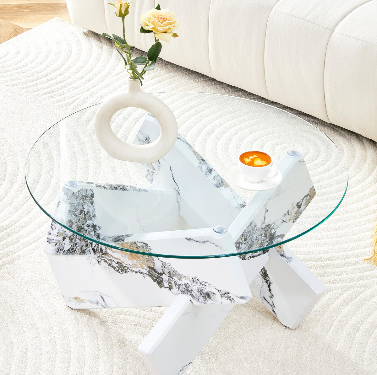 KLUBSKA miza iz MDF-ja in stekla, premer 79 cm, prozorna/bela - prozorna, leseni material (79/79/45cm) - BEAOK