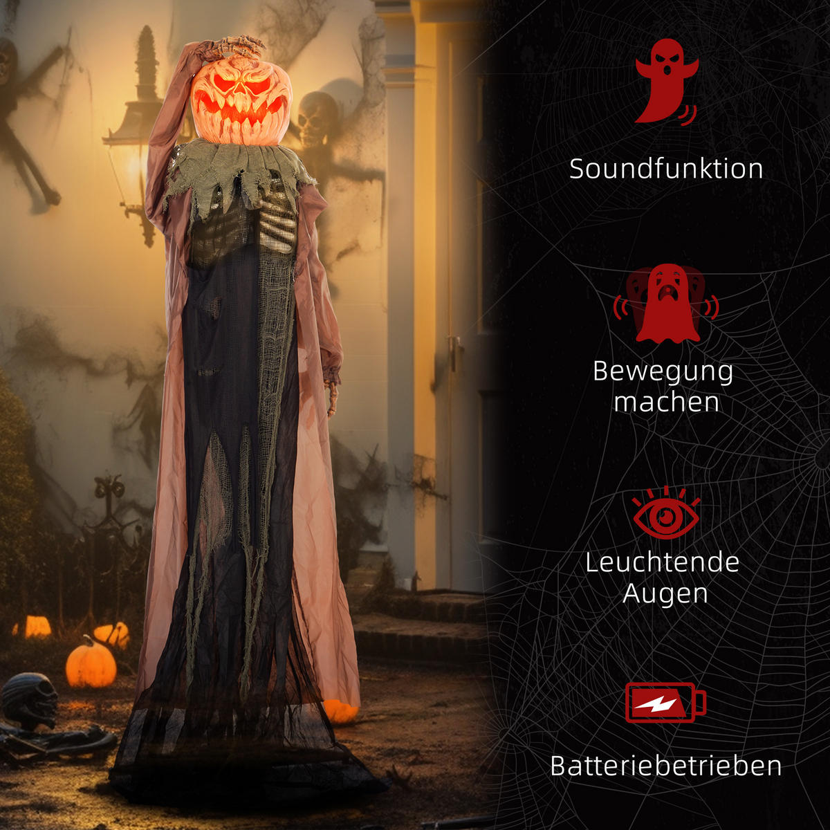 HALLOWEEN DECORATIONS 183cm Skelett-Kürbis mit LED-Lichter, Soundfunktion - Hellbraun, Kunststoff/Metall (65/183/20cm) - HOMCOM