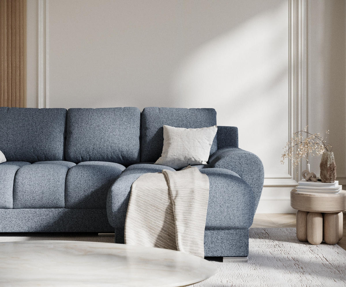 ECKSOFA MIT SCHLAFFUNKTION Peebles Denimblau Webstoff - Chromfarben/Dunkelblau, Holz/Holzwerkstoff (256/175cm) - Maison de Reve