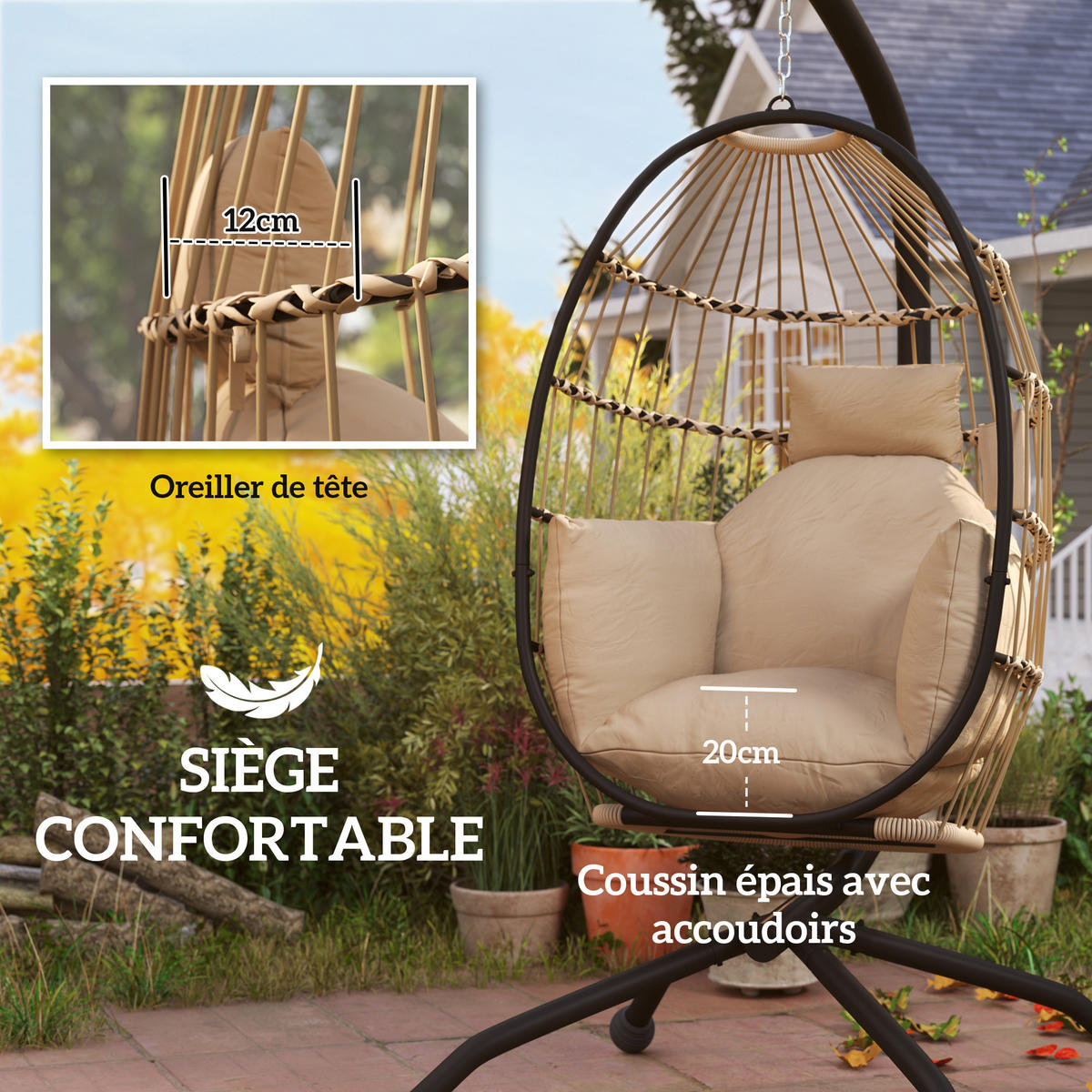HÄNGESESSEL DE-15286 klappbar mit dickem Kissen und Getränkehalter Beige - Mokka, Metall (88/192/120cm) - ComfortXL