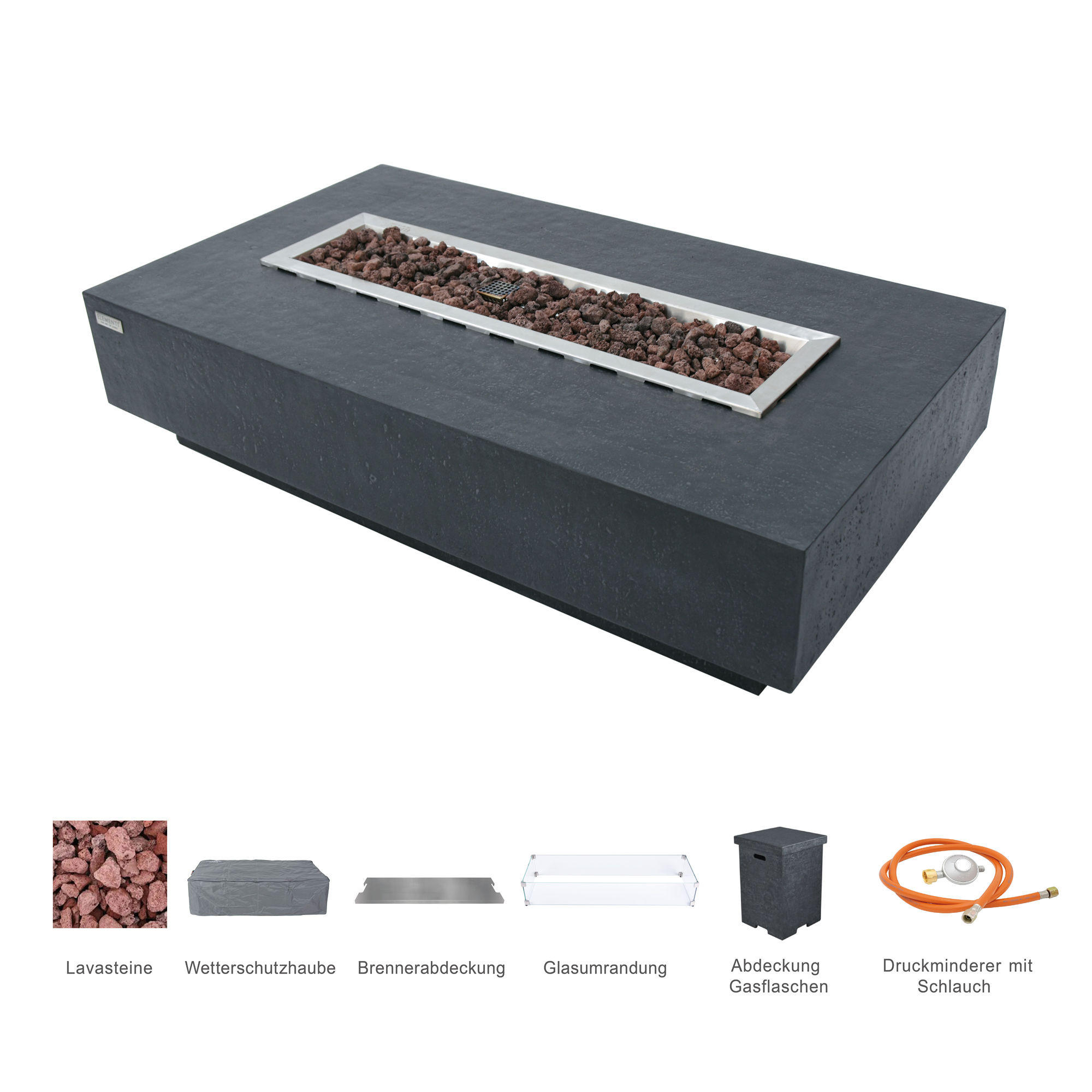 FEUERTISCH HAMPTON Gasfeuerstelle aus GF-Beton - 4-tlg. Set inkl. Glasumrandung, Brennerabdeckung und Gasflaschen-Abdeckung - Dunkelgrau, Naturmaterialien (81/35/142cm) - Elementi
