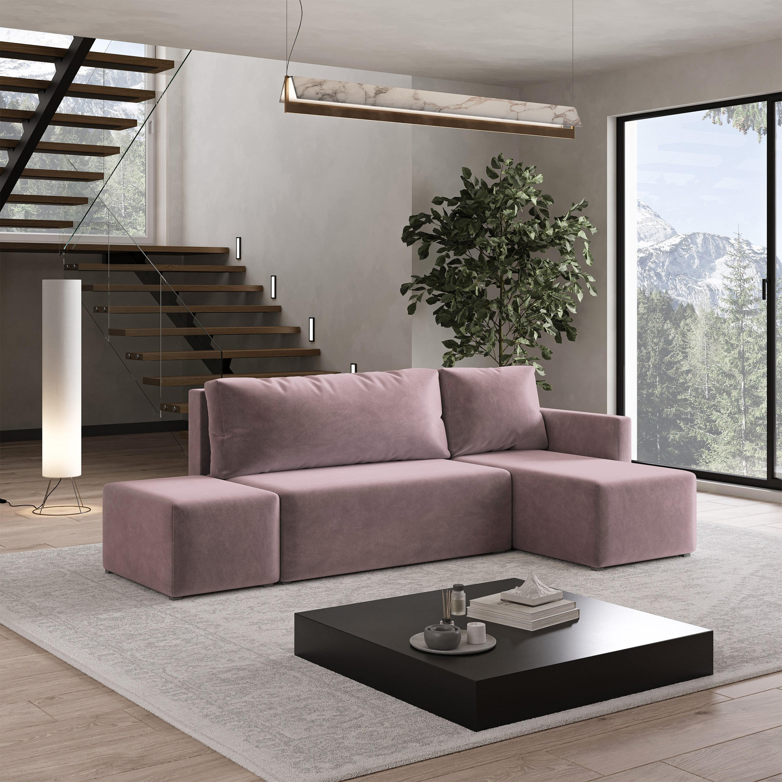 ECKSOFA VELOTTI R-S Rosa Plüsch-Stoff mit Schlaffunktion - Rosa, Holz (261/143cm) - MASSENO
