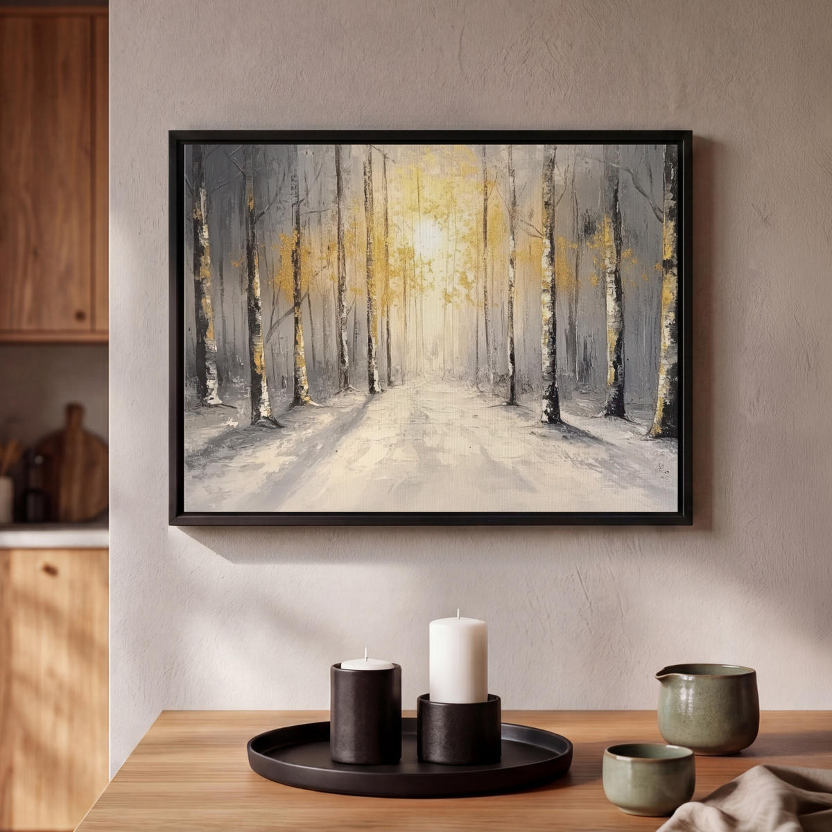 LEINWAND Bilder mit Rahmen - Winter - Abstrakt - Schnee - Natur - Sonne - 40x30 - Grau, Textil (40/30cm) - MuchoWow