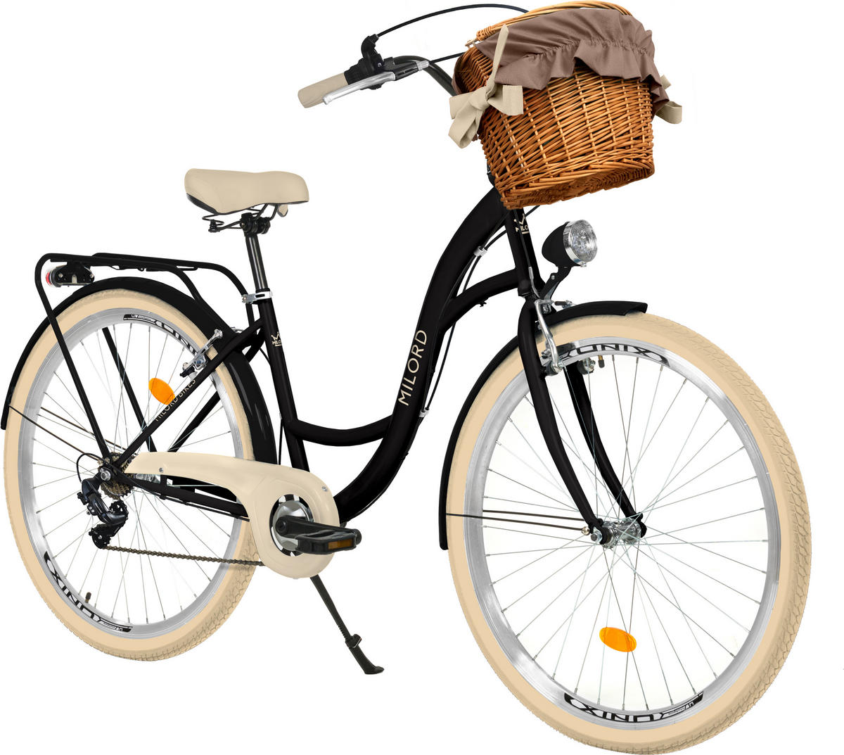 CITY-FAHRRAD Milord mit Weidenkorb, 28 Zoll, Schwarz-Creme, 7-Gang - Creme/Schwarz, Metall (46cm) - Milordbikes