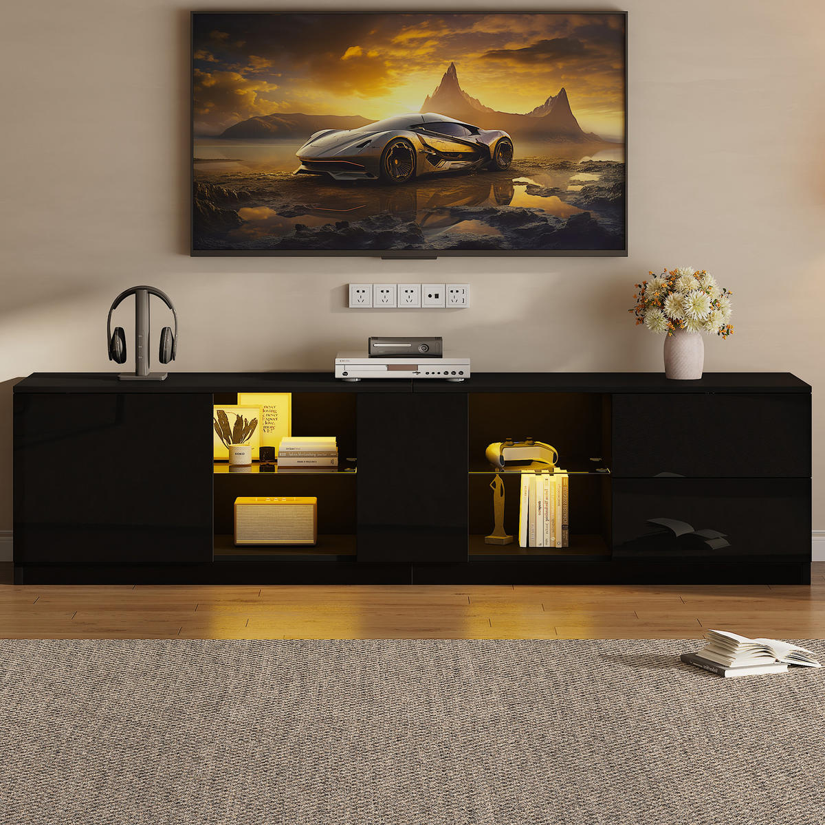 TV-SCHRANK 160/40/52 cm Schwarz Hochglanz mit LED und 2 Schubladen - Schwarz, Holzwerkstoff (160/52/40cm) - Oxeza