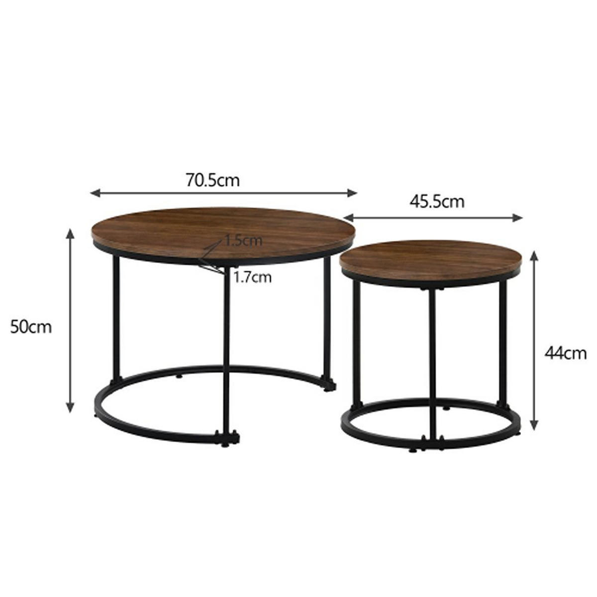 SADA konferenčných stolíkov 50/70,5 a 45,5/44 cm dubový dekor stohovateľné z MDF a kovu - prírodná farba, kompozitné drevo (70.5/70.5/50cm) - OKWISH