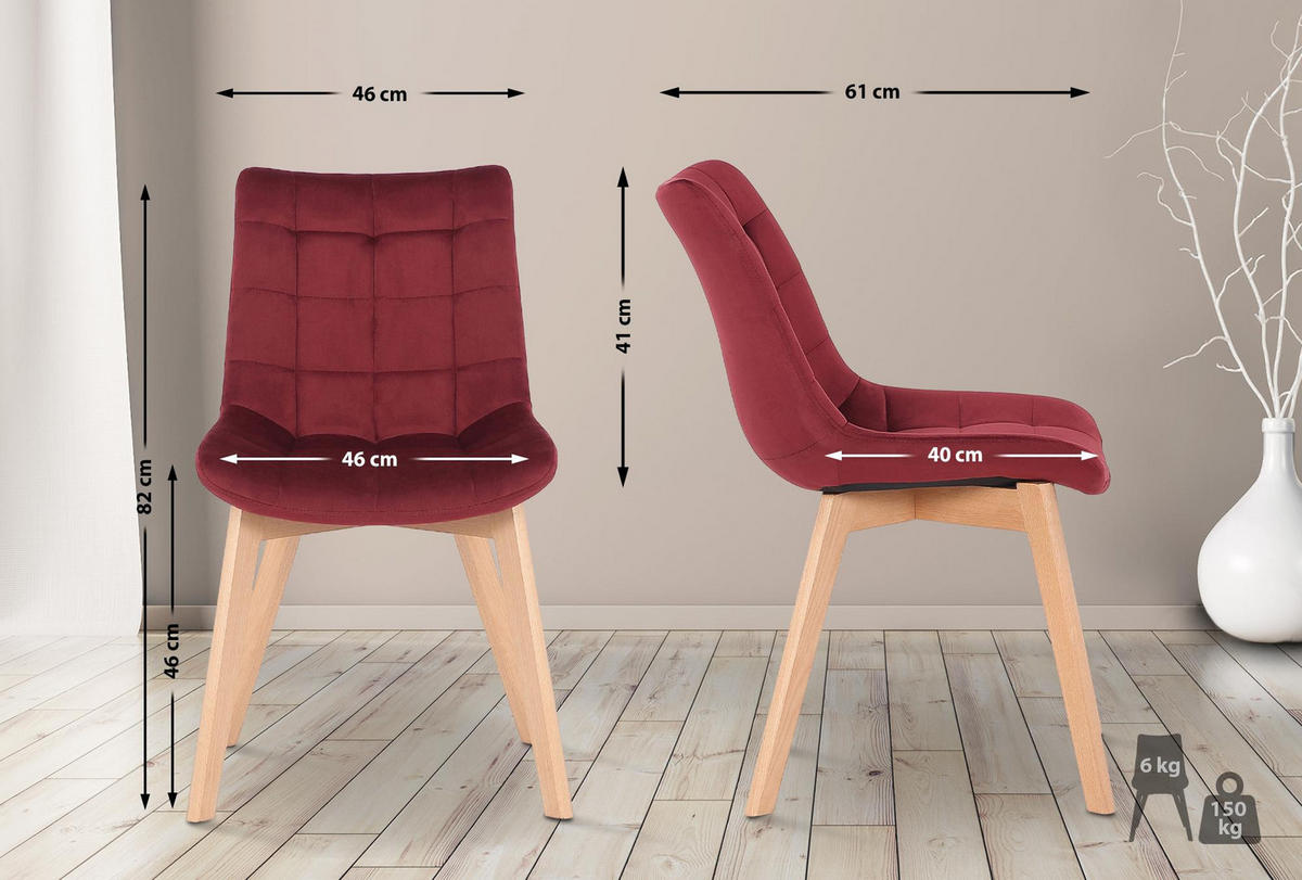 STUHL Samt Rot - Eukalyptusholzfarben/Rot, Holz/Textil (46/82/61cm) - CLP
