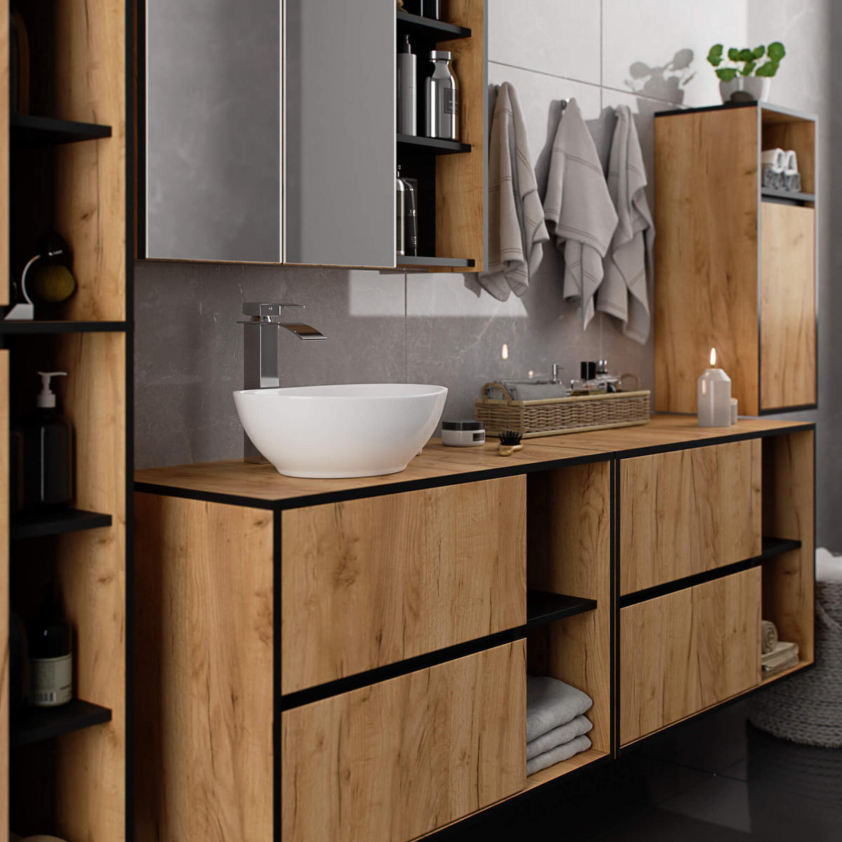 WASCHBECKENUNTERSCHRANK Vami Craft-Eichenfarben, Schwarz - Eichefarben/Schwarz, Holzwerkstoff (90/60/45.5cm) - Akord