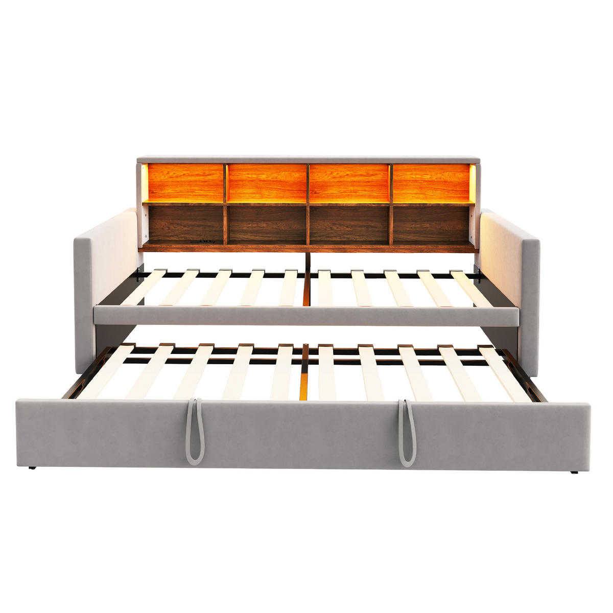 POLSTERBETT 90/190 cm Hellgrau aus Samt mit Ausziehbett und LED-Beleuchtung - Hellgrau, Textil (90/190cm) - OKWISH