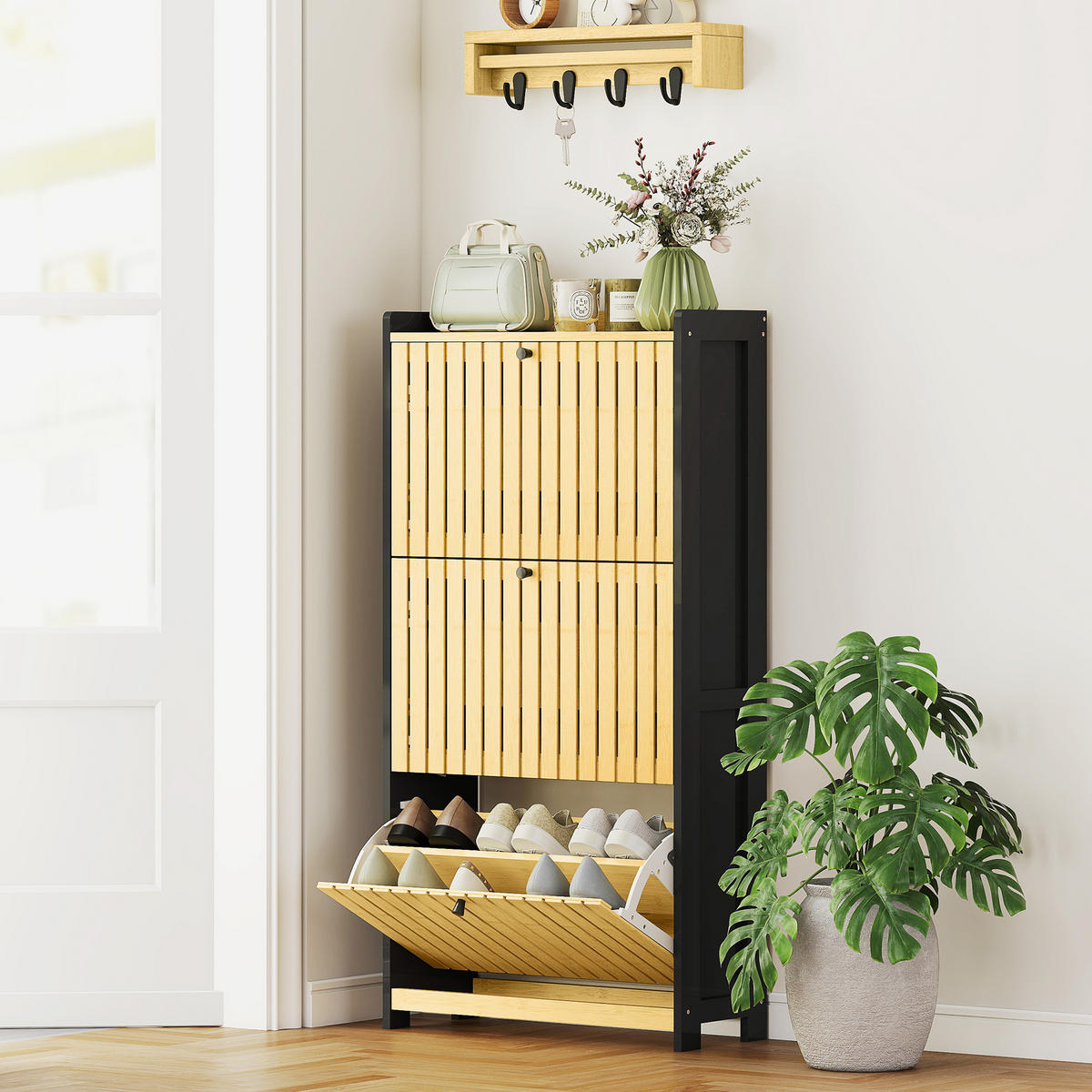SCHUHSCHRANK Schwarz Natur MDF Bambus mit 3 Klappfächern 1 Stück - Multicolor, Holz (60/118/24cm) - PANGIVO
