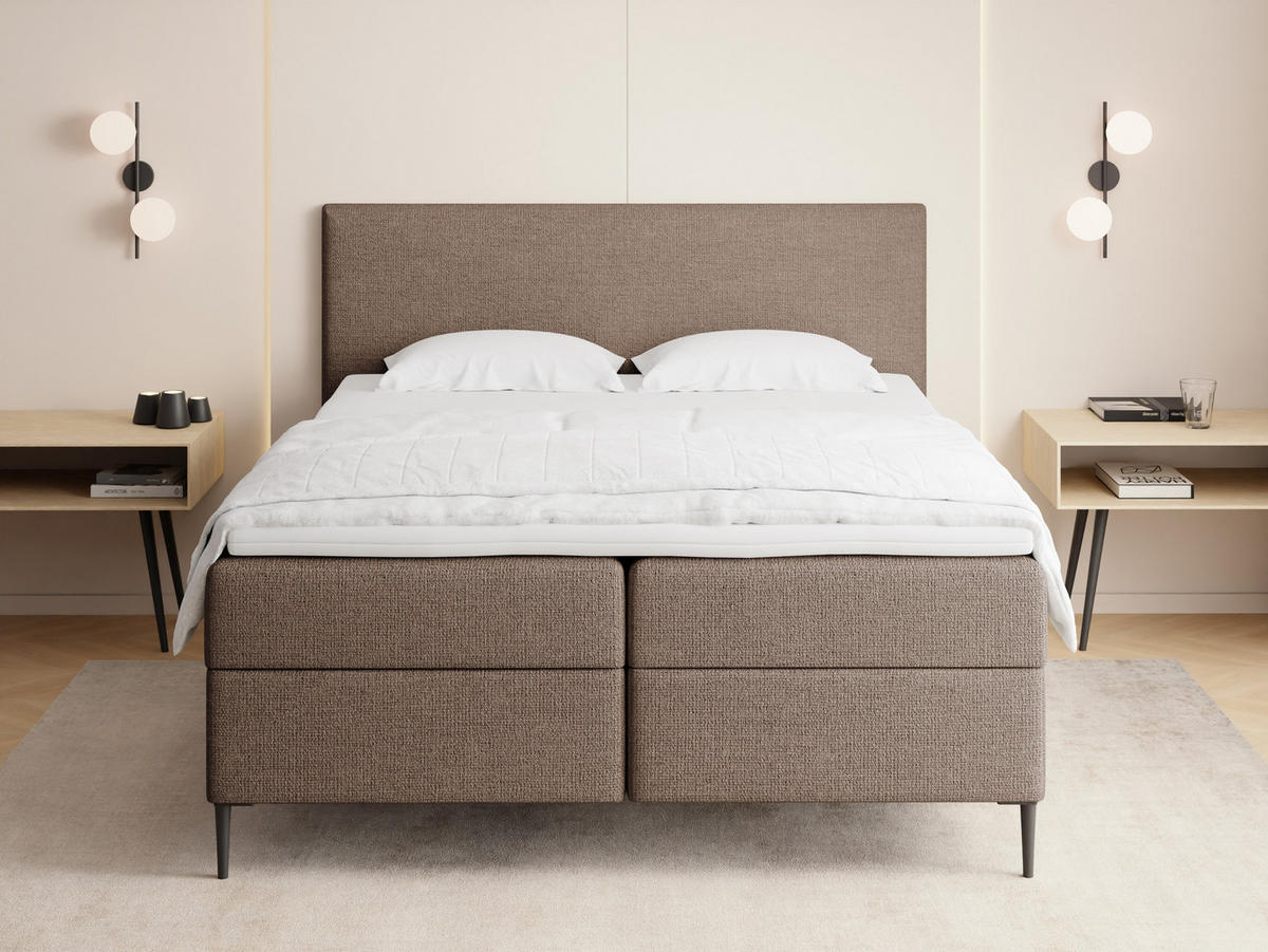 BOXBETT Alba Rise mit Bettkasten, Braun Chenille 140x200 cm – inkl. H4 Taschenfederkern Matratze & Foam Topper - Schwarz/Braun, Holz/Textil (140/200cm) - WFL GROUP