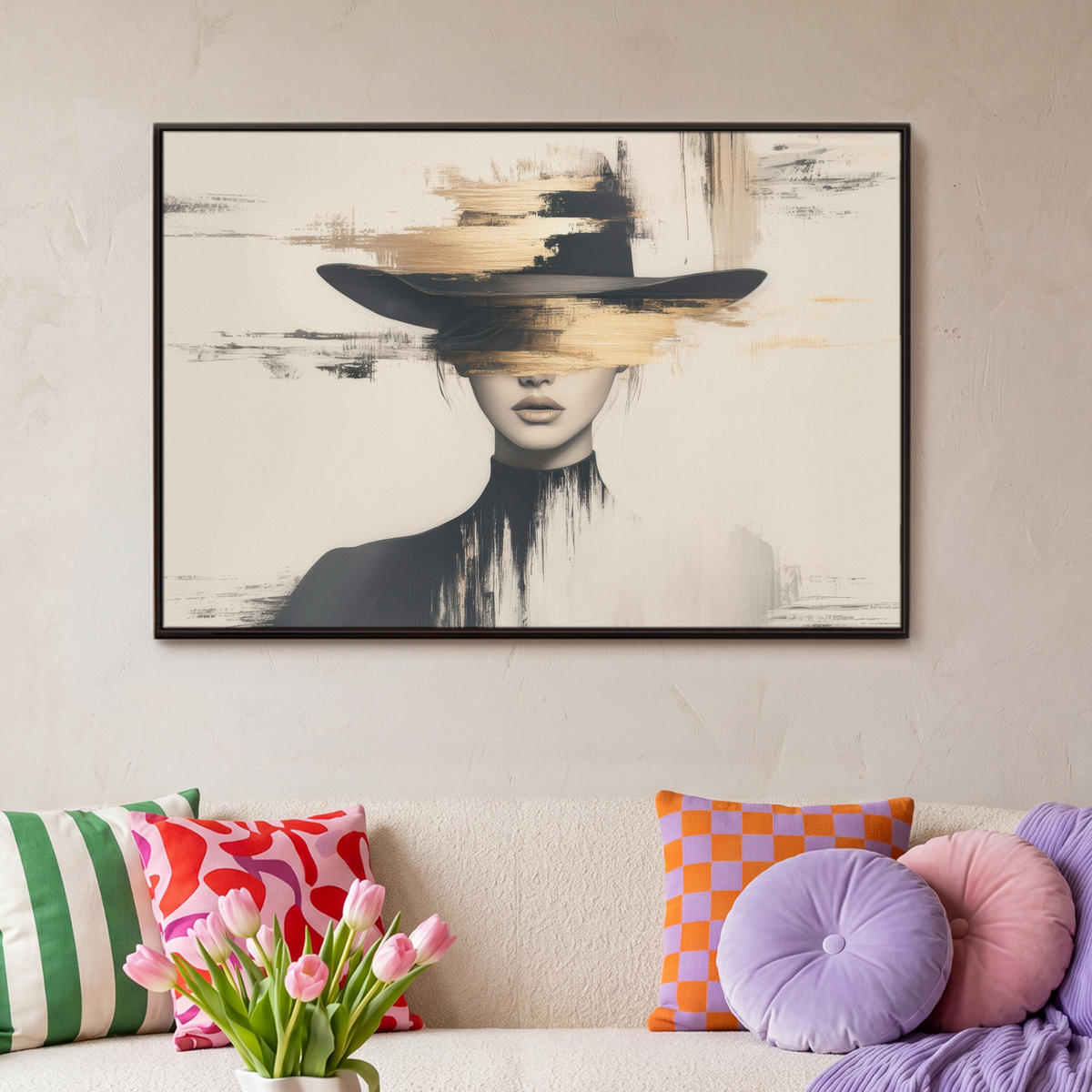 LEINWAND Bilder mit Rahmen - Frau - Hut - Farbe - 90x60 - Goldfarben, Textil (90/60cm) - MuchoWow