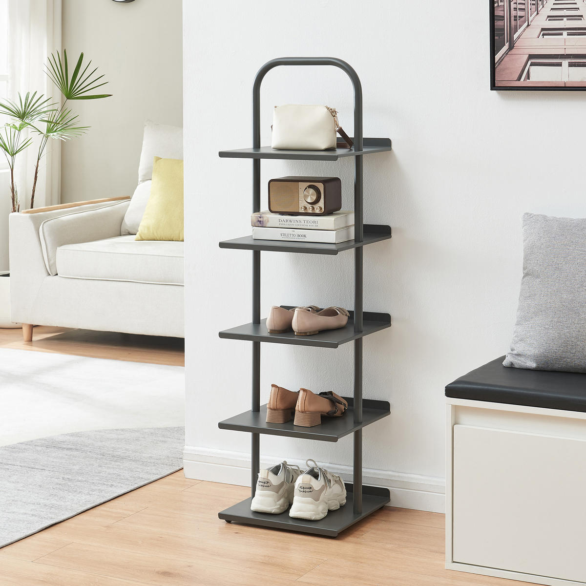 SKŘÍŇ NA BOTY Poytya - antracitová, kov (34/119/32cm) - [en.casa]