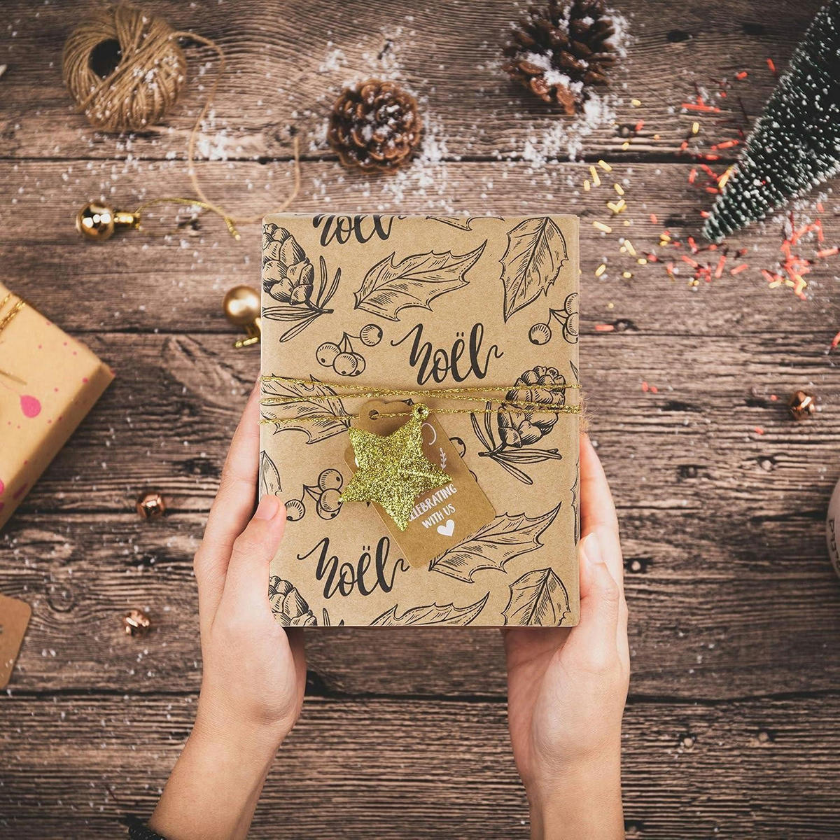 GESCHENKPAPIER 4 Rollen 76 cm x 305 cm Kraftpapier Weihnachtsmotive - Braun, Papier (4/76/15cm)