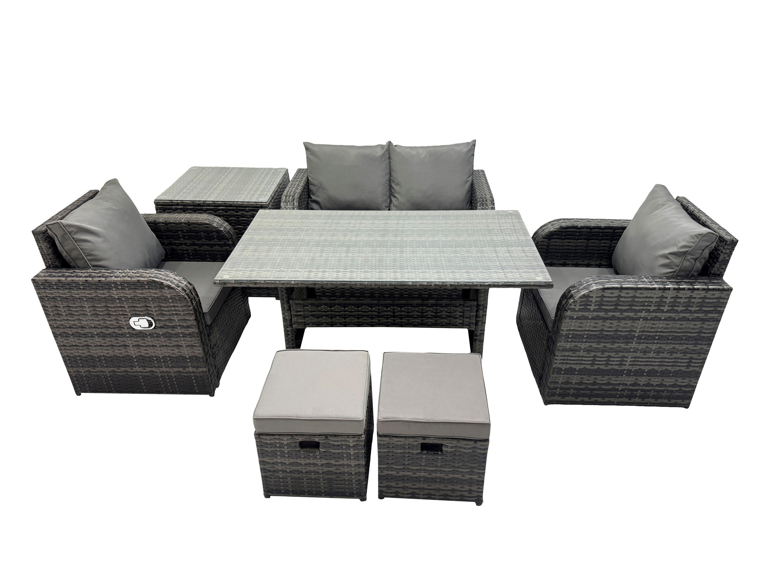 GARTENMÖBEL SET mit Beistelltischen,Zweisitzer Polyrattan 6-Sitzer - Dunkelgrau/Grau, Glas/Kunststoff - Fimous