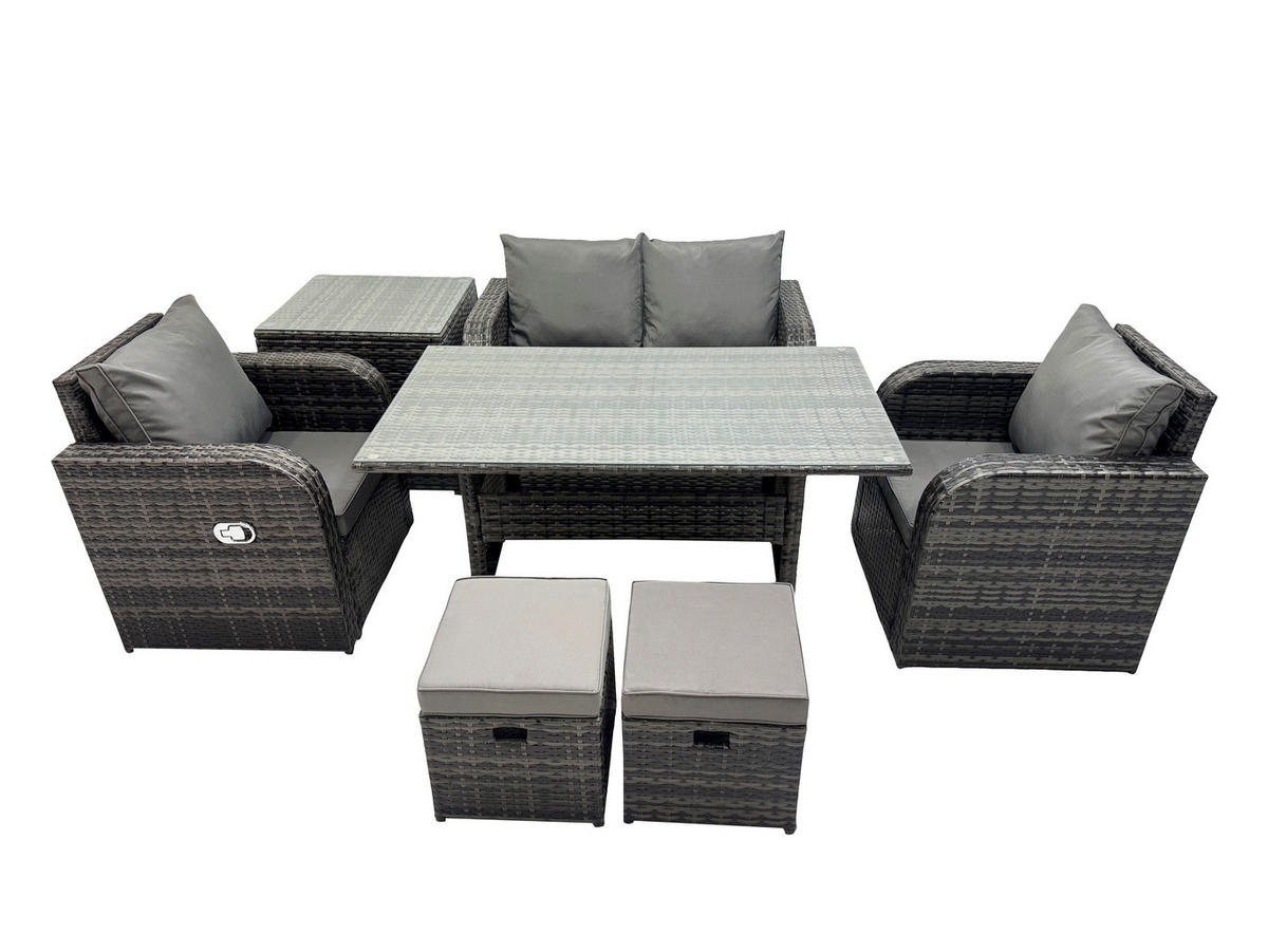 GARTENMÖBEL SET mit Beistelltischen,Zweisitzer Polyrattan 6-Sitzer - Dunkelgrau/Grau, Glas/Kunststoff - Fimous