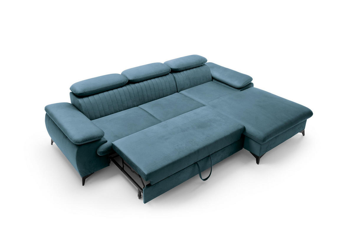 ECKSOFA FIORE Blau Velours-Stoff mit Schlaffunktion - Blau, Holz (280/193cm) - MASSENO