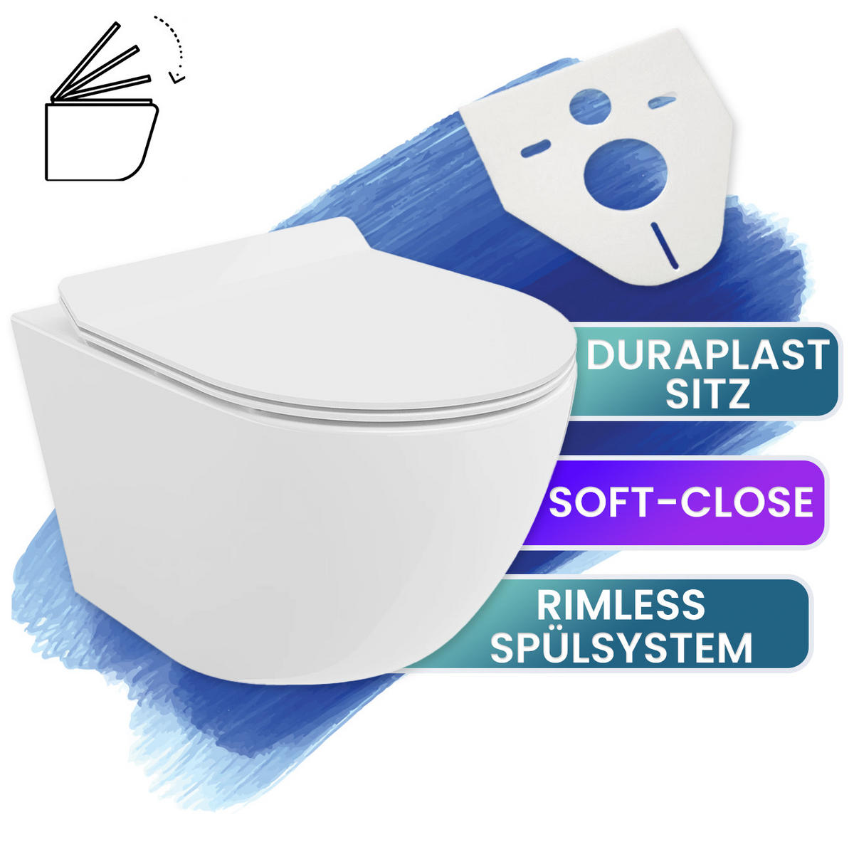 WAND-WC-SET Rolo Weiß, 6-teilig, Betätigungsplatte Schwarz, 53/61/114 cm - Schwarz/Weiß, Keramik (53/114/61cm) - bad land