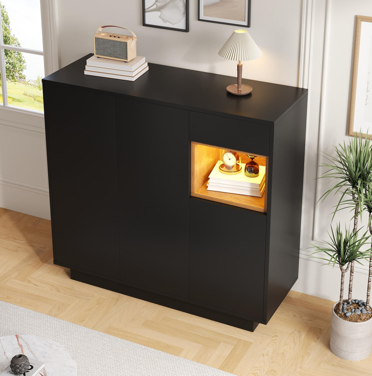 SCHUHSCHRANK 105/39,5/100,5 cm mit 16-farbiger LED-Beleuchtung, verstellbaren Einlegeböden und Schublade, Schwarz/Natur - Schwarz, Holzwerkstoff (105/100/39cm) - Redom
