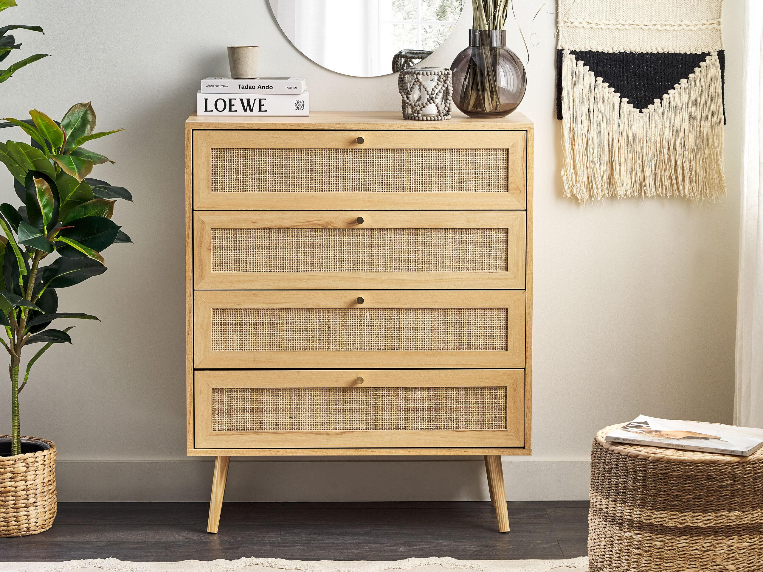 KOMMODE 4 Schubladen Rattan Helles Holz Perote - Hellbraun/Goldfarben, Naturmaterialien (80/97/38cm) - Beliani