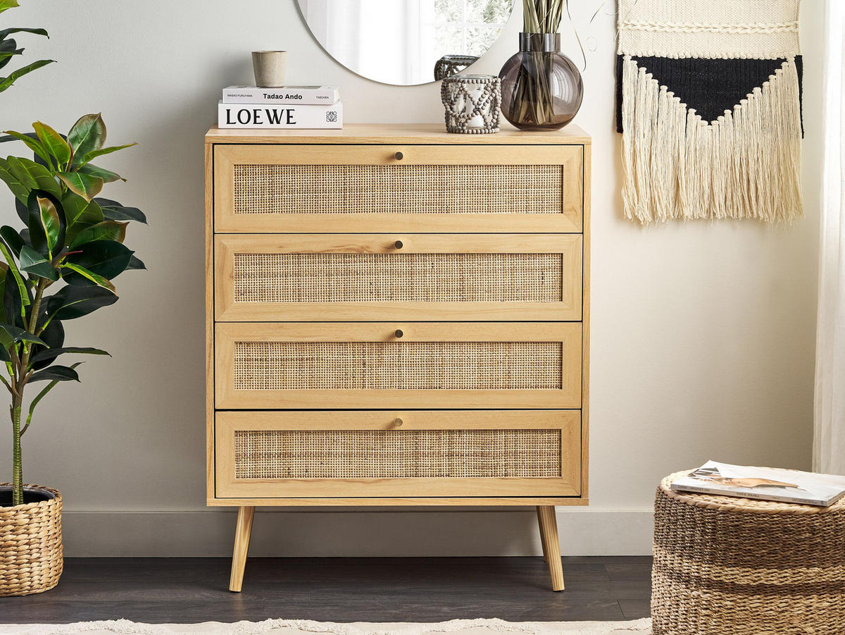 KOMMODE 4 Schubladen Rattan Helles Holz Perote - Hellbraun/Goldfarben, Naturmaterialien (80/97/38cm) - Beliani