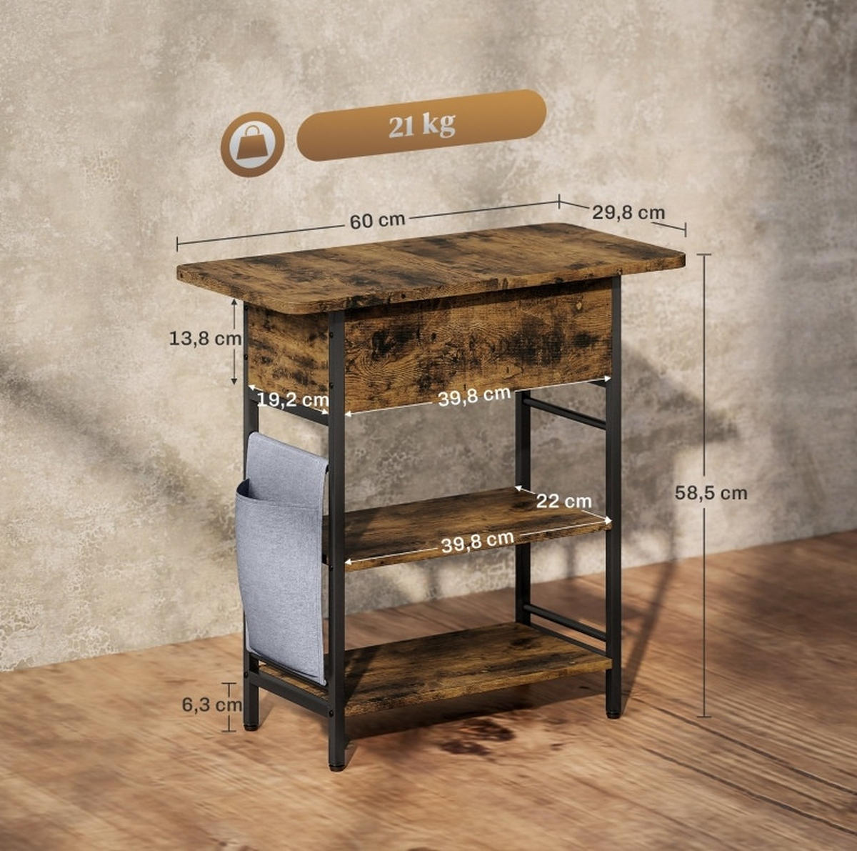 BEISTELLTISCH 60/58,5/29,8 cm Rustikal Braun aus Holz mit Steckdosenleiste - Braun, Holzwerkstoff (60/29.8/58.5cm) - OKMYHOME