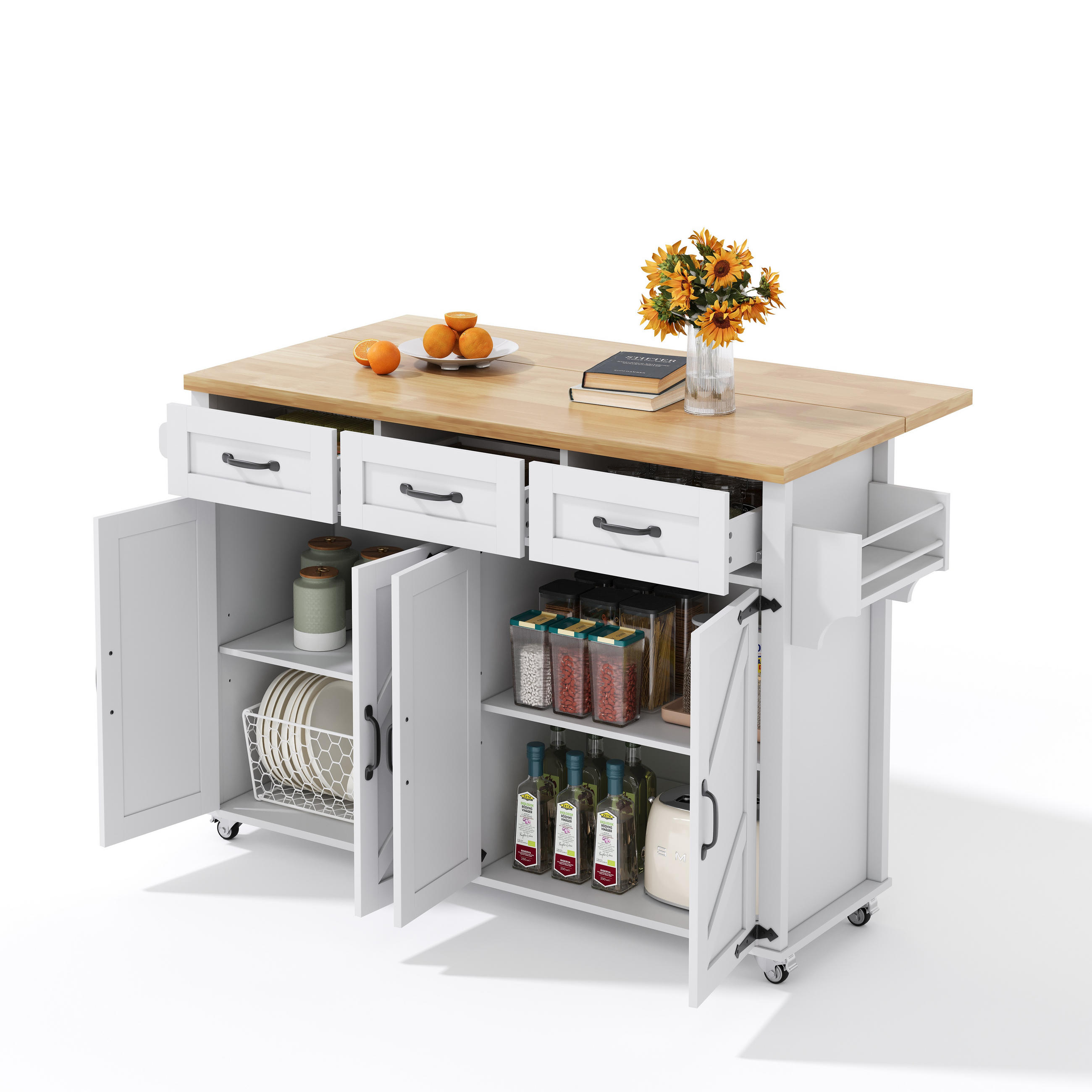 KÜCHENINSEL Weiß-Natur aus MDF mit ausklappbarer Platte 140 × 43 × 90,5 cm - Weiß, Holzwerkstoff (140/90.5/43cm) - Luhomfu