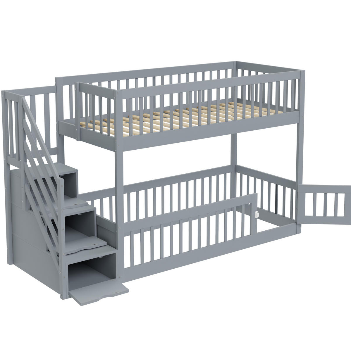 ETAGENBETT 90/200 cm mit Stauraumtreppe, Schubladen und Spielbereich, Grau - Grau, Holzwerkstoff (90/200cm) - Redom