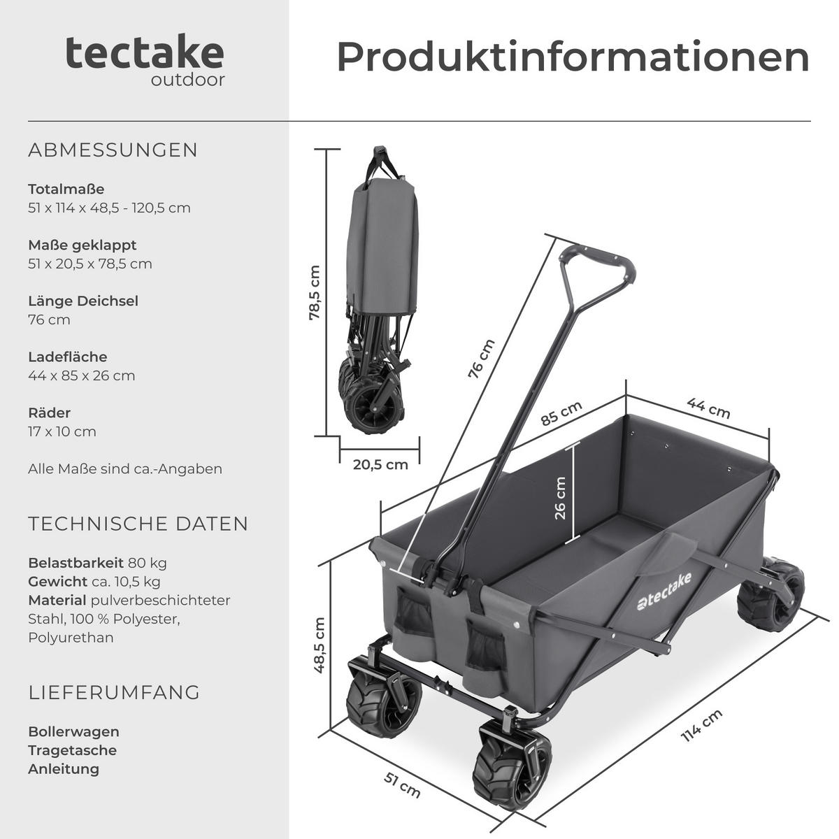 BOLLERWAGEN Heidrun, inklusive Tragetasche, Belastbarkeit 80 kg, grau - Grau, Textil (51/120.5/114cm) - tectake