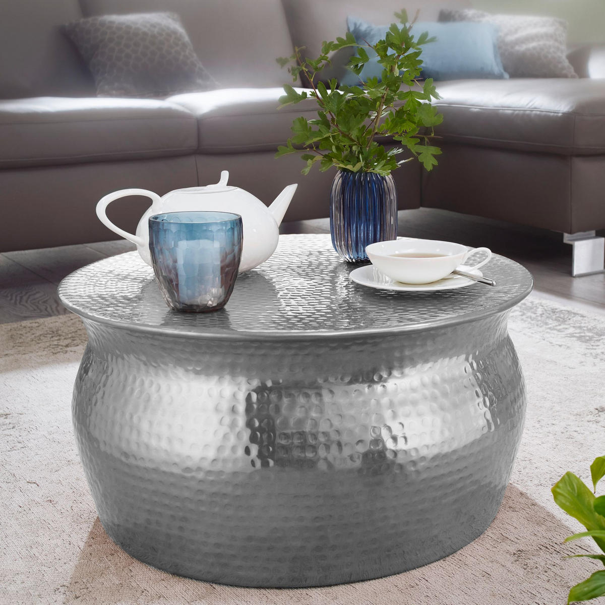 COUCHTISCH ENNS: Orientalisch, Hammerschlagstrukturen, Aluminium, Handgefertigt, Silber 60x60x30 cm - Silberfarben, Metall (60/60/30cm) - KADIMA DESIGN