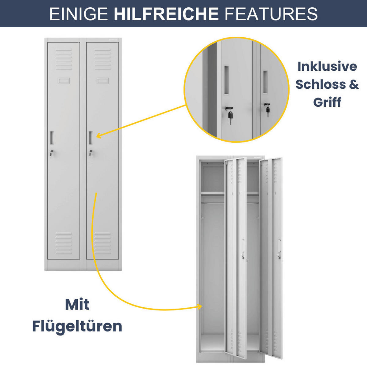 UMKLEIDESCHRANK Spind WIEN 2 Abteile 180x60x50cm Grau - Grau, Metall (60/180/50cm) - DELUKE