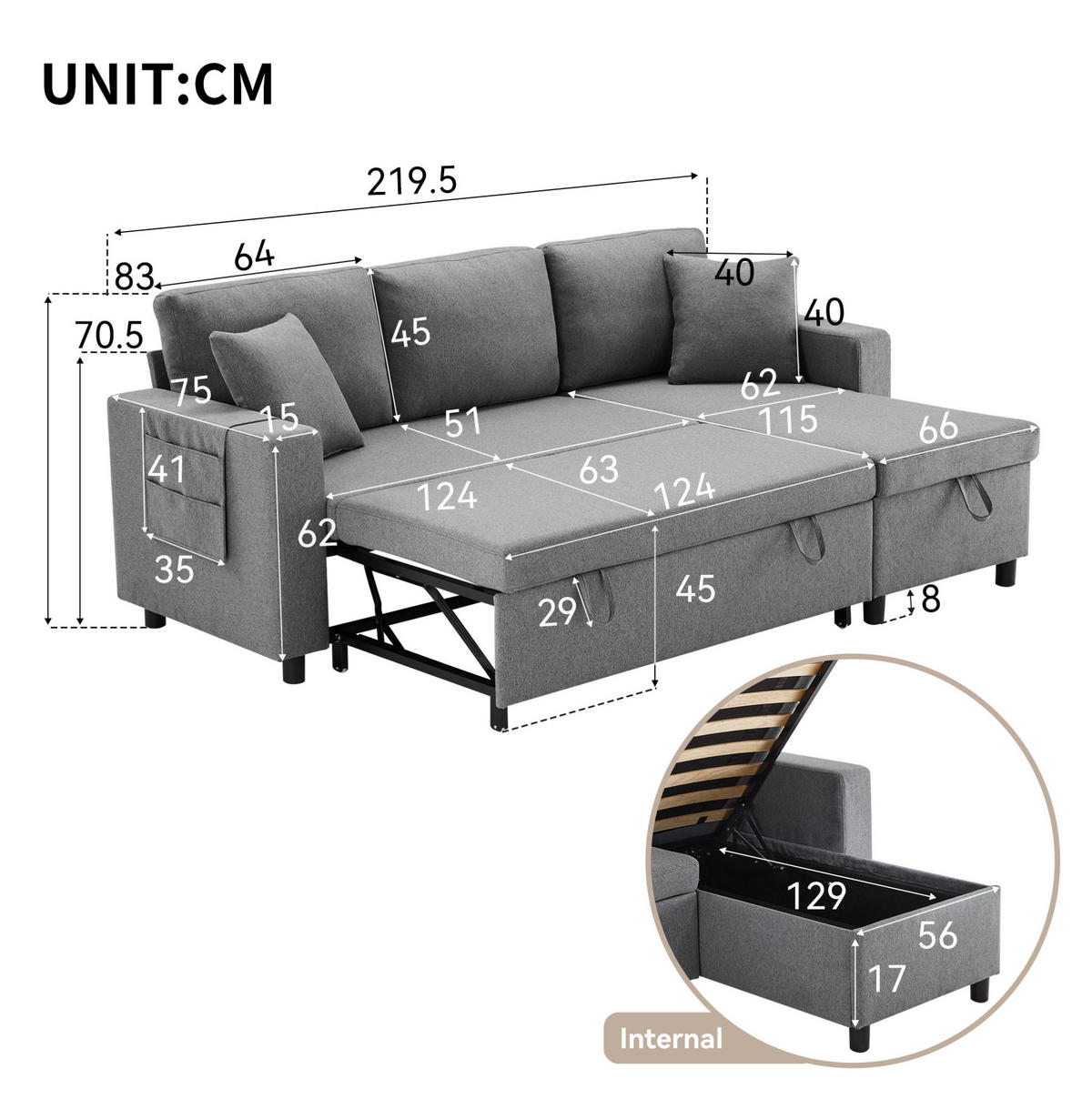 ECKSOFA L-Form mit Stauraum und Chaiselongue Dunkelgrau 219,5/142,5/83 cm - Dunkelgrau, Textil (219.5/142.5cm) - OKWISH