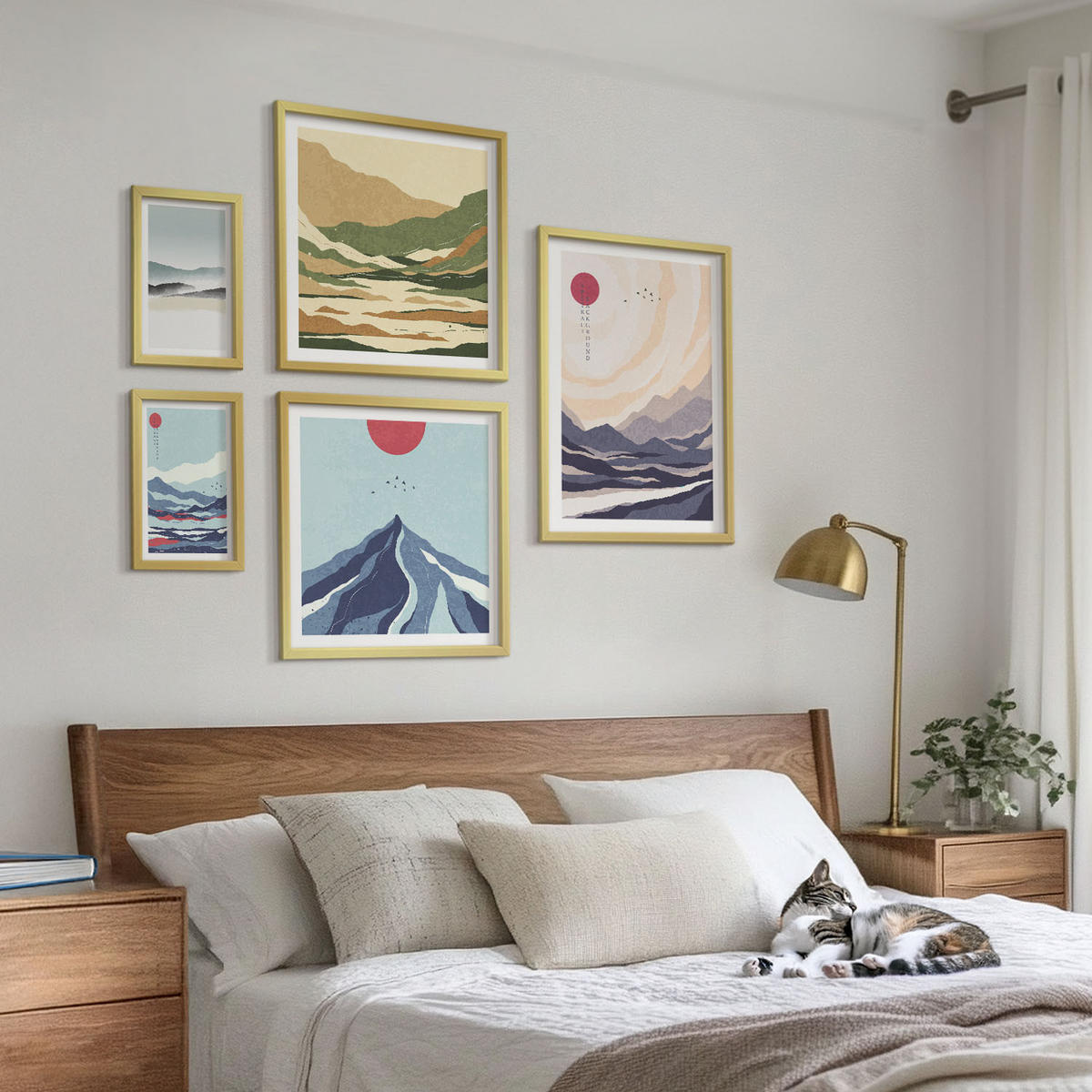 WANDBILDER 5er Set - 50x50 cm & 20x30 cm & 40x60 cm Goldrahmen - Farbenfrohe abstrakte Flussberge - Goldfarben, Kunststoff (40/60cm) - ArtPrintCave